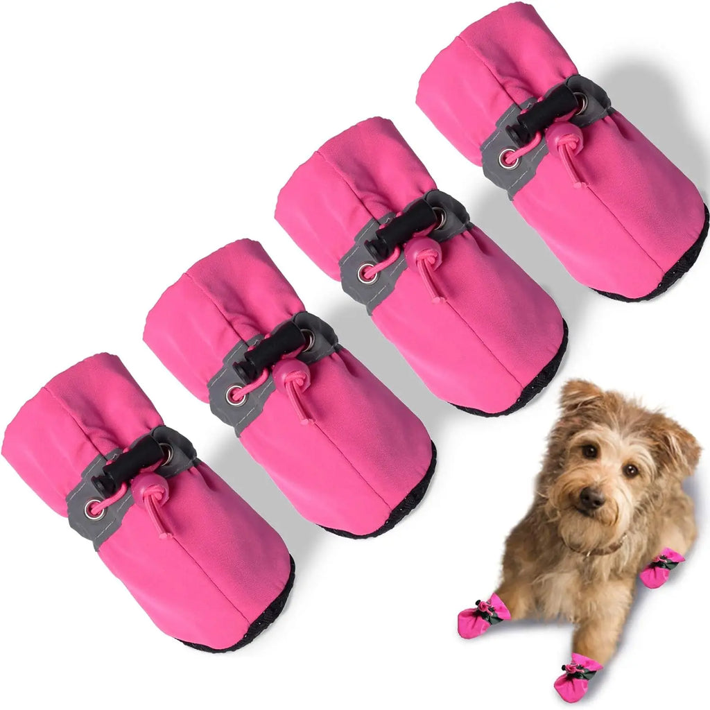 Dog Shoes Boots & Paw Protector, Anti-Slip Sole Winter Cat Booties with Reflective Straps Pet Snow for Small Medium 4PCS Pink Bl